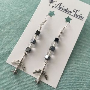 4 Engine Airplane Earrings w/ Black Glass Beads